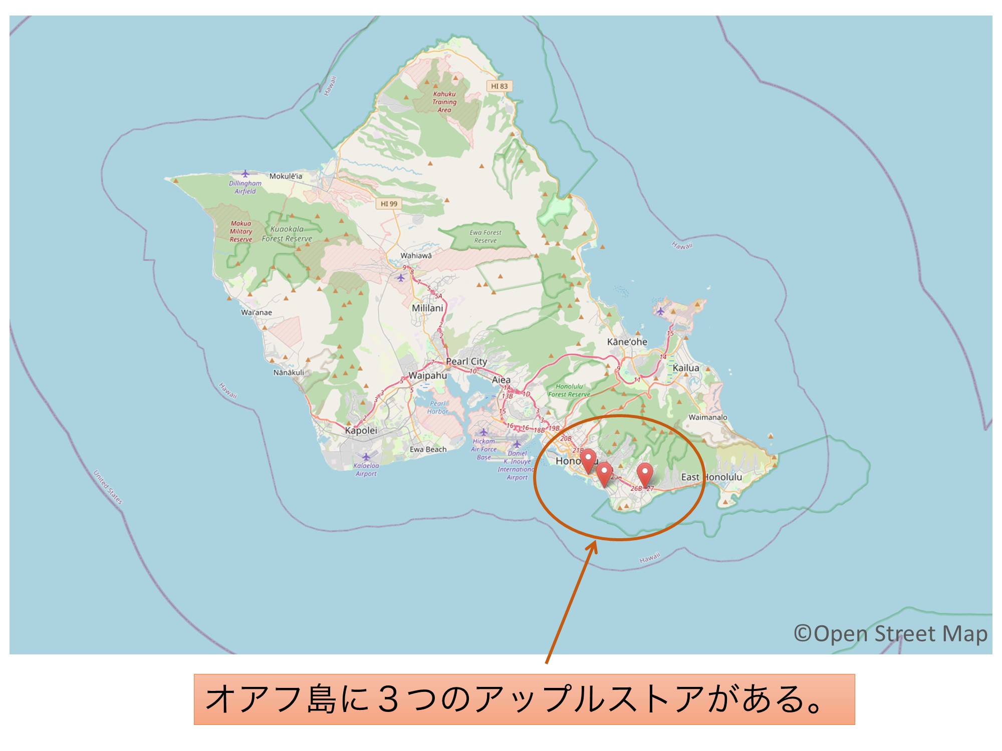 オアフ島にある３つのアップルストアの地図